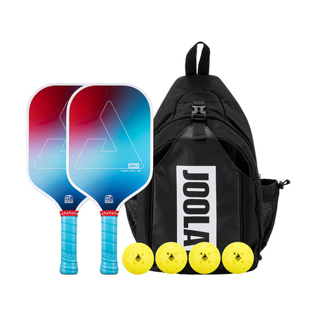 White background, product image showing two JOOLA Perseus Astral pickleball paddle, four JOOLA pickleballs and a JOOLA carrying bag.