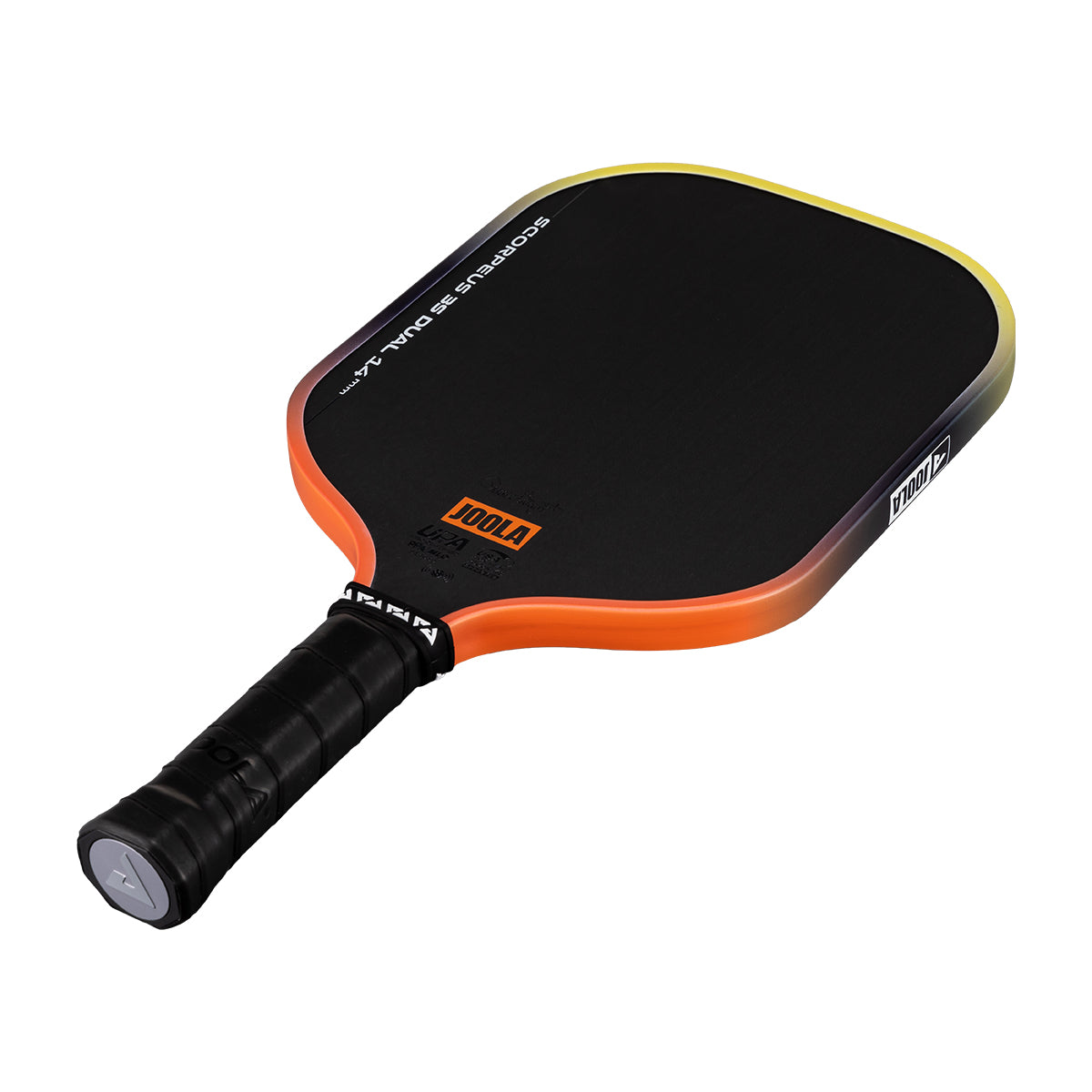 White background, Orange and Yellow gradiant edge guard on the JOOLA 3S Dual Scorpeus Pickleball Paddle.