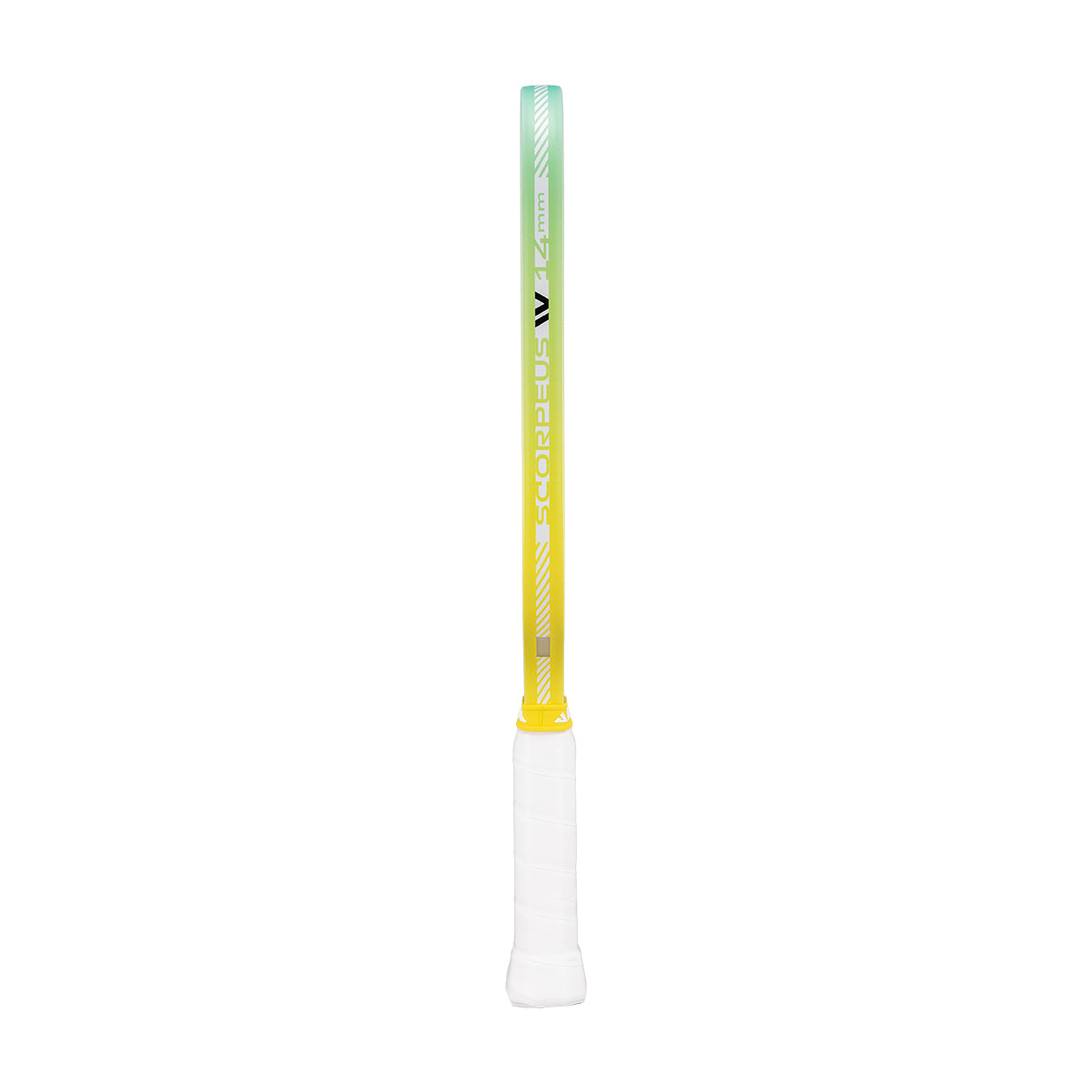 Gradient-colored pickleball paddle racket handle with a brand logo on a white background.