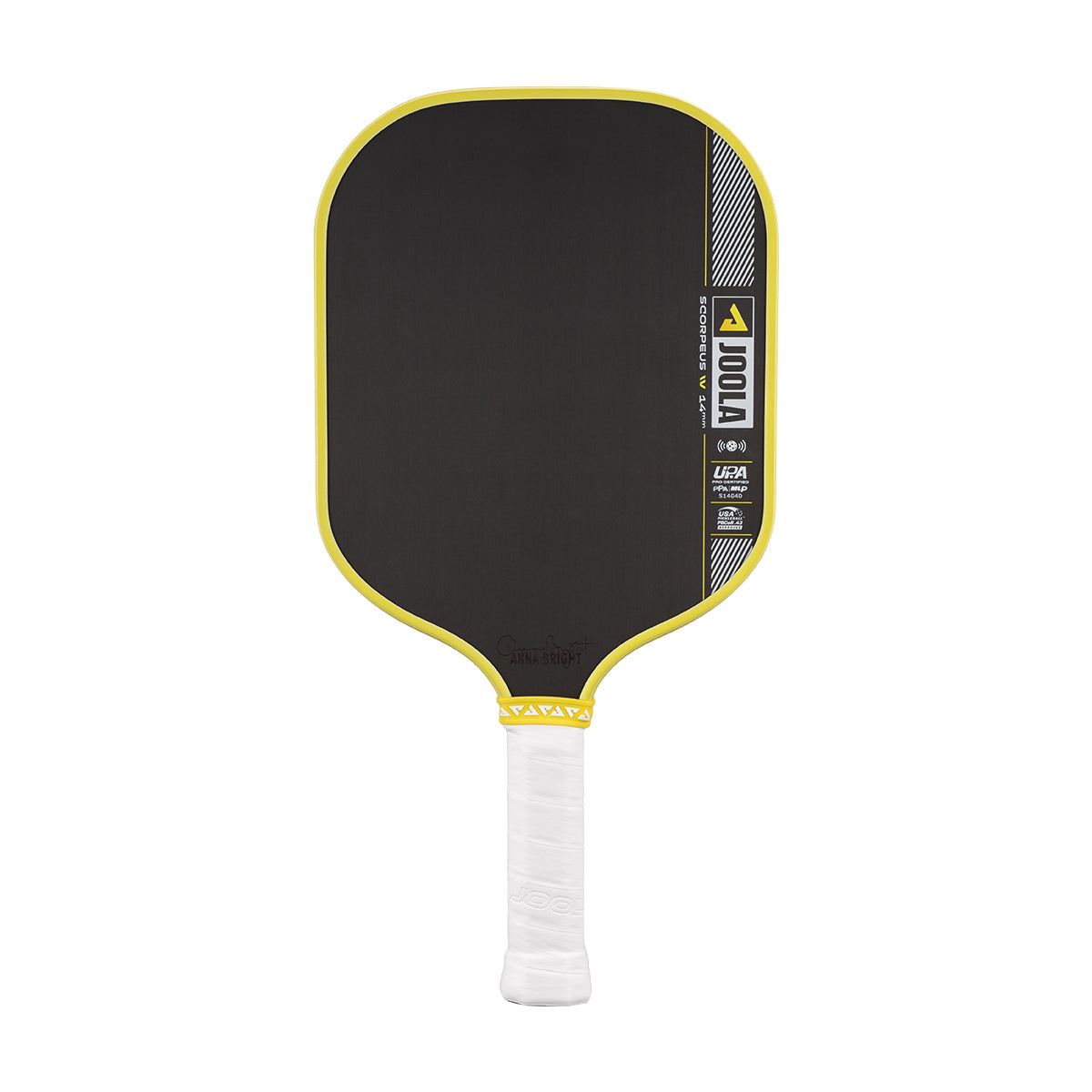 Pickleball paddle with black surface, yellow rim, and white handle on a white background