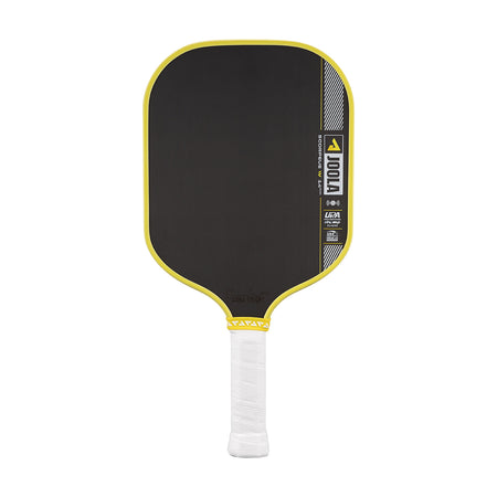 Pickleball paddle with black surface, yellow rim, and white handle on a white background
