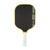 Pickleball paddle with black surface, yellow rim, and white handle on a white background