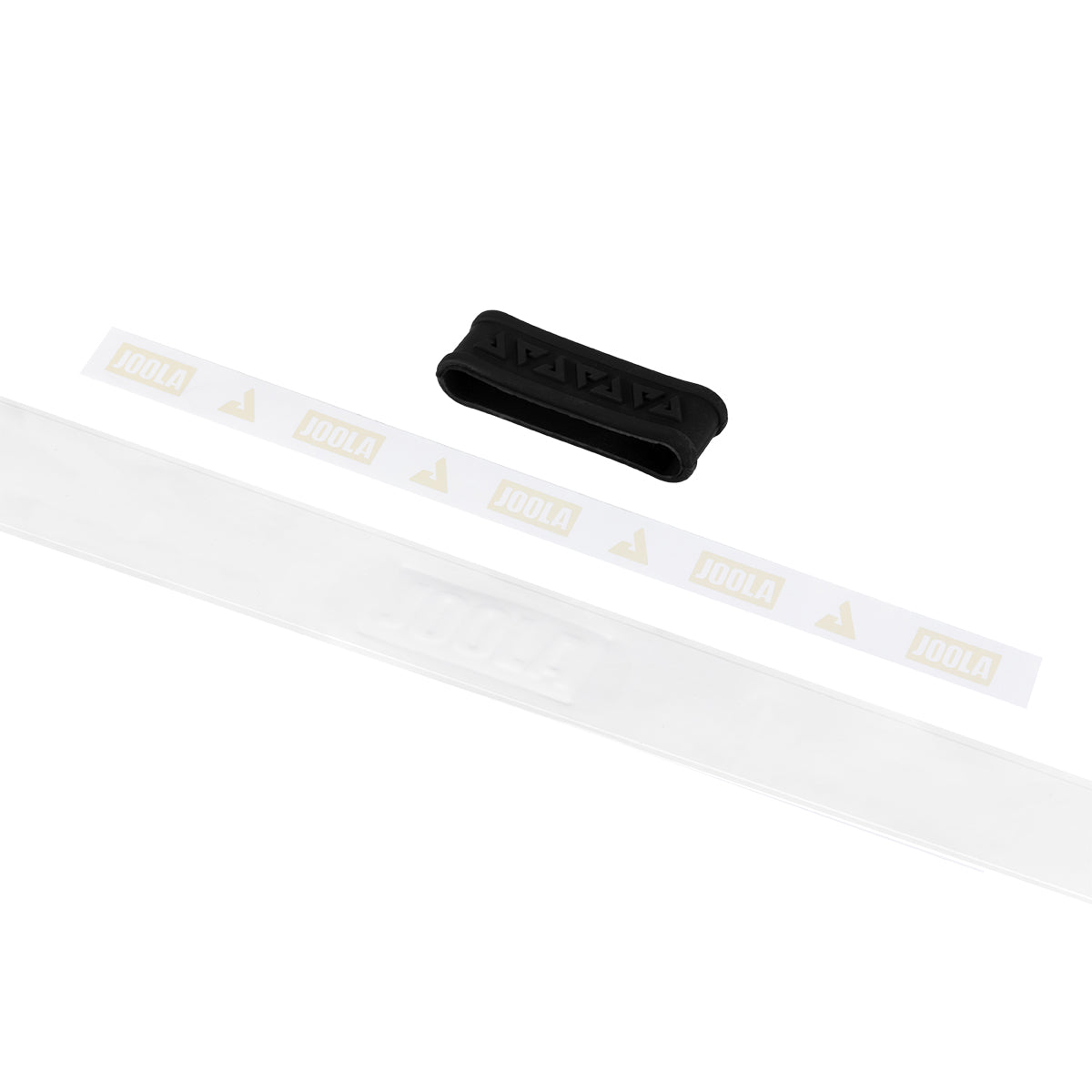 White background, image of the contents of a package of JOOLA feel-tec pure grip rolled out with a black JOOLA rubber band.
