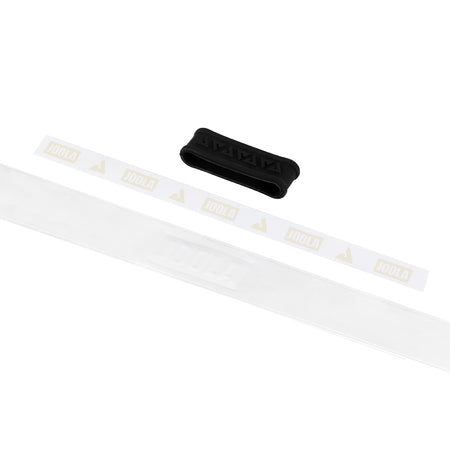 White background, image of the contents of a package of JOOLA feel-tec pure grip rolled out with a black JOOLA rubber band.