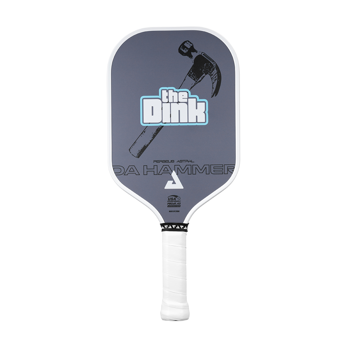 A pickleball paddle featuring a dark gray face with a hammer graphic and the text 'the Dink' and 'DA HAMMER', with a white wrapped handle.