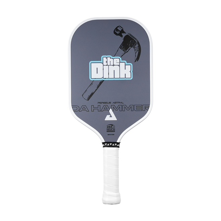 A pickleball paddle featuring a dark gray face with a hammer graphic and the text 'the Dink' and 'DA HAMMER', with a white wrapped handle.