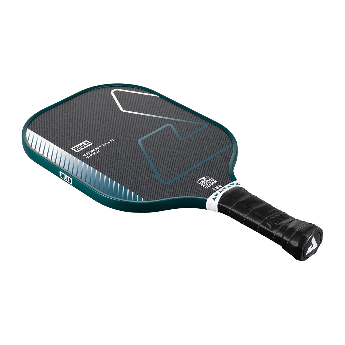 White background, product image of the JOOLA Essentials Dash pickleball paddle with a black handle and club green edge guard.