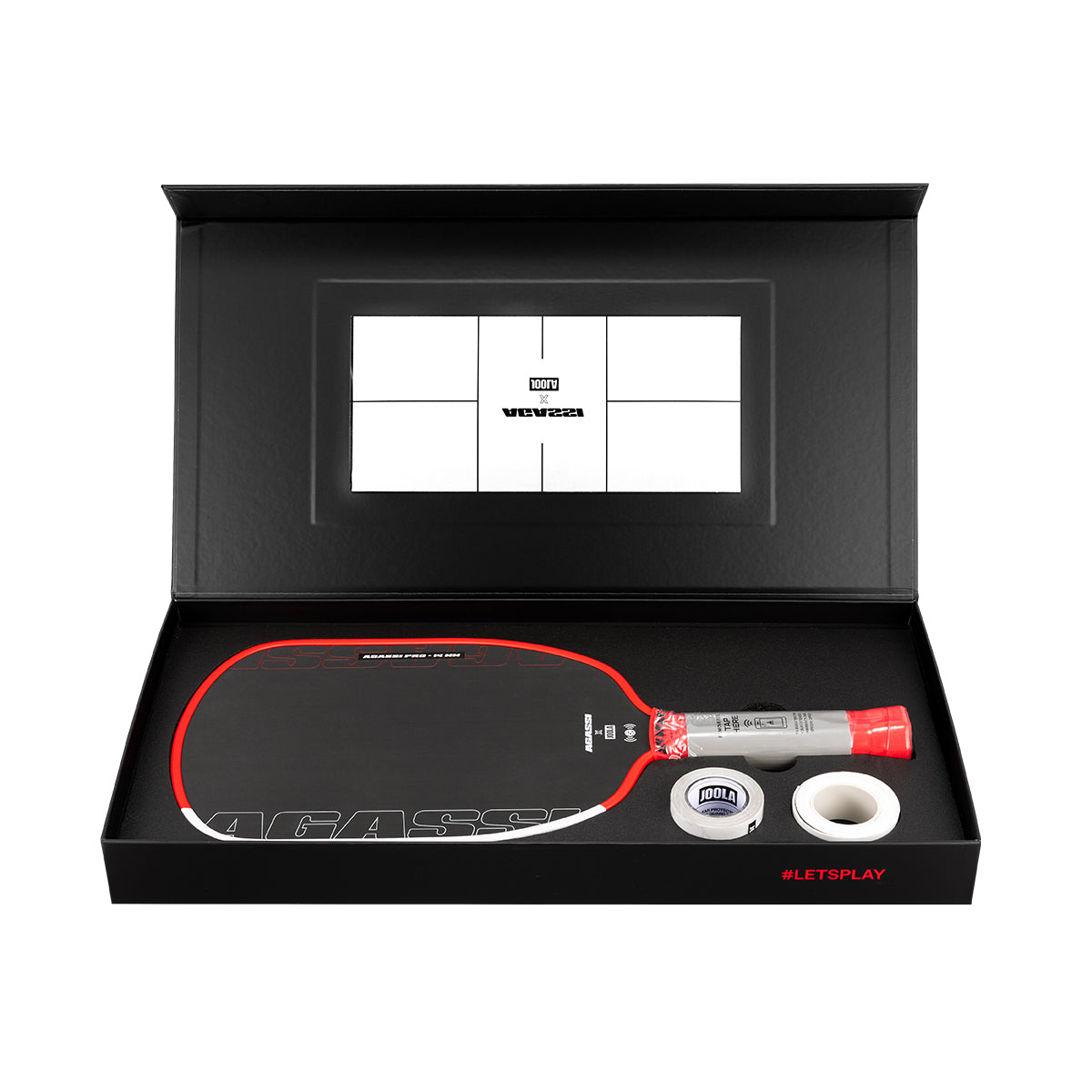 White background, product image of the JOOLA x Agassi Pro 14mm Pickleball Paddle with red handle, and red and white edge guard.