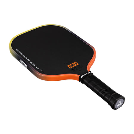 White background, Orange and Yellow gradiant edge guard on the JOOLA 3S Dual Scorpeus Pickleball Paddle.