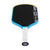 Pickleball paddle with black playing surface, blue frame, and white handle on a white background.