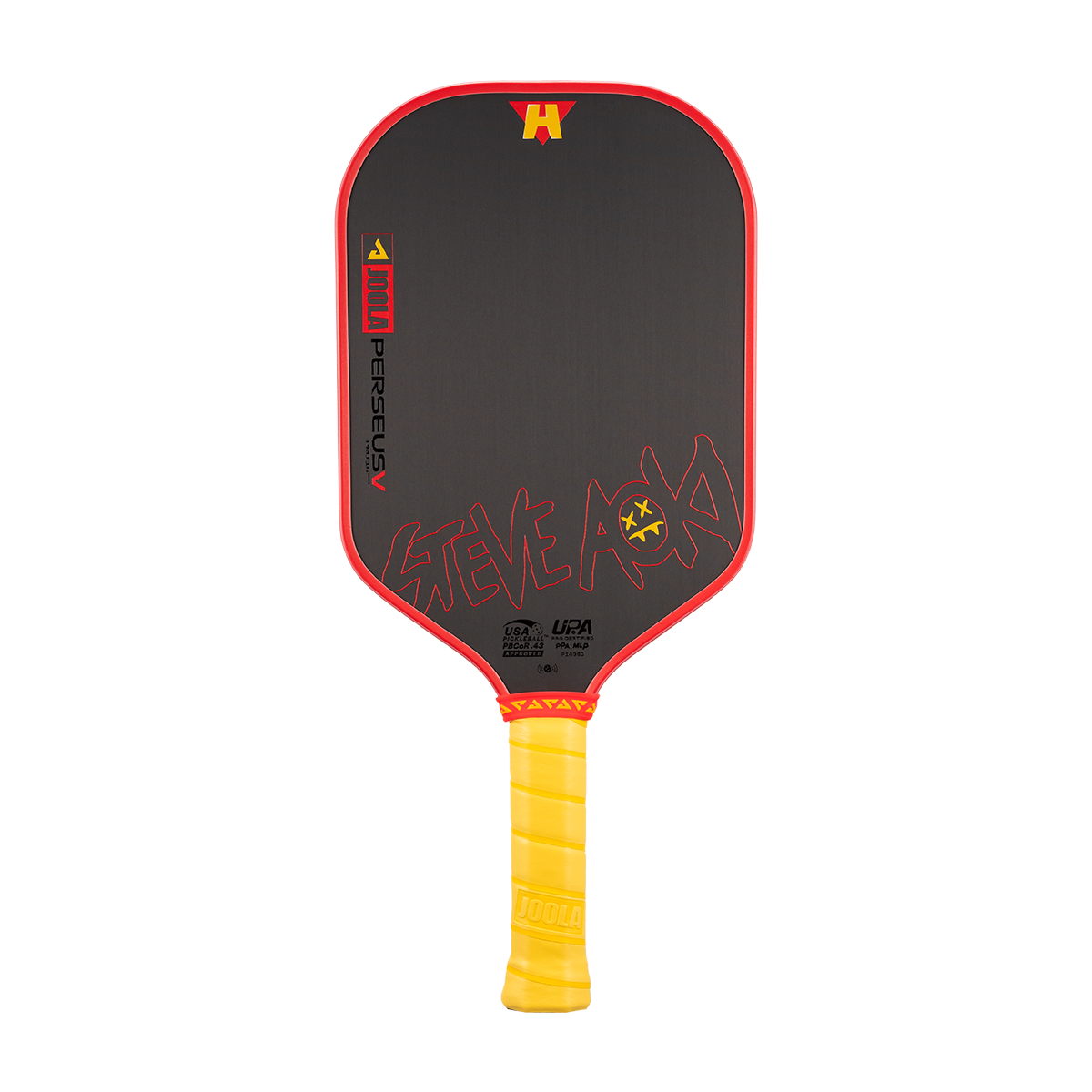 White background, product image of the Perseus Pro V JOOLA x Steve Aoki pickleball paddle, yellow handle and red edge guard.