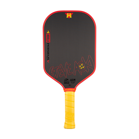 White background, product image of the Perseus Pro V JOOLA x Steve Aoki pickleball paddle, yellow handle and red edge guard.