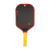 White background, product image of the Perseus Pro V JOOLA x Steve Aoki pickleball paddle, yellow handle and red edge guard.