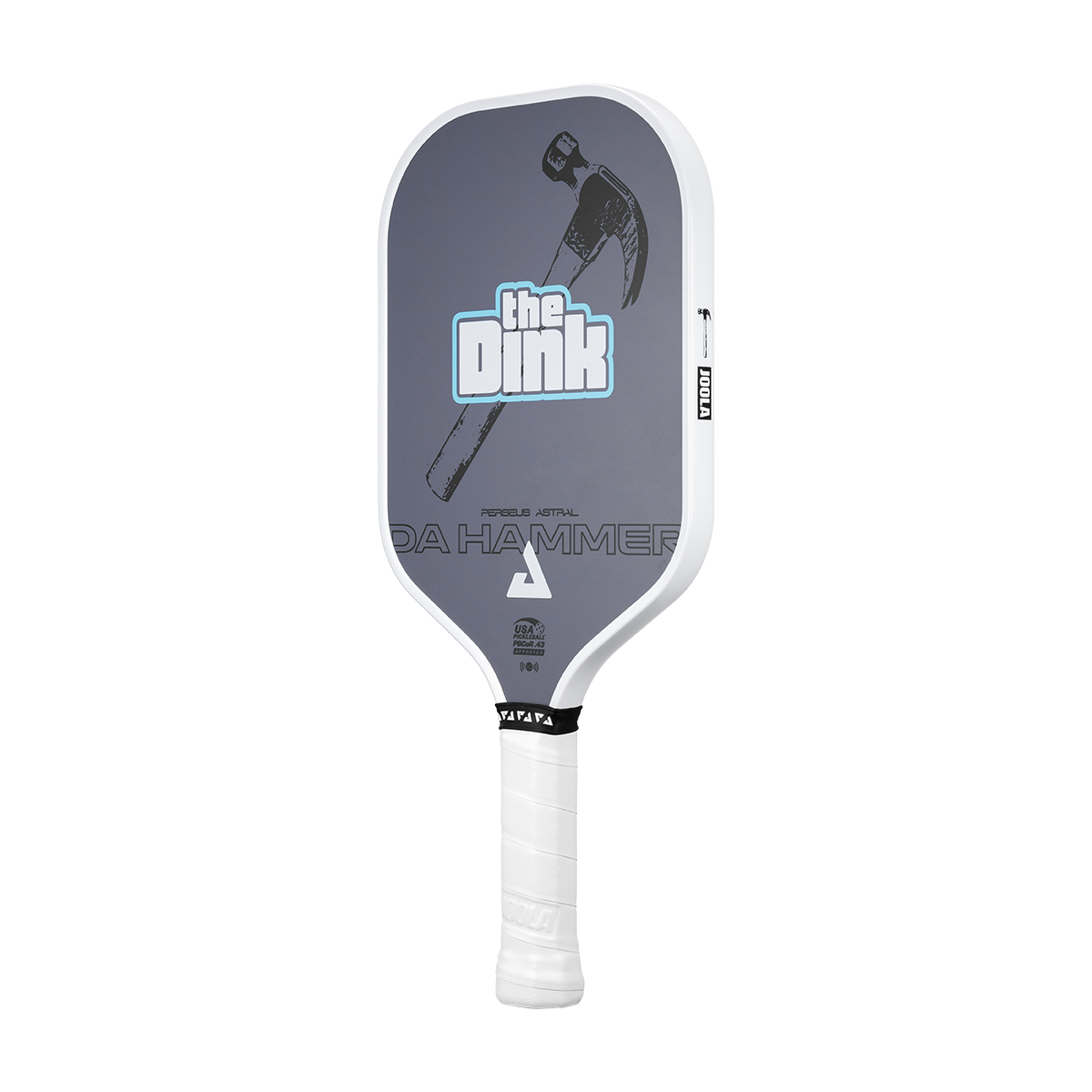 A pickleball paddle with a white frame and handle, featuring a dark gray face with a hammer graphic and the text 'the Dink' and 'DA HAMMER'.