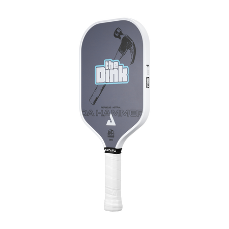 A pickleball paddle with a white frame and handle, featuring a dark gray face with a hammer graphic and the text 'the Dink' and 'DA HAMMER'.