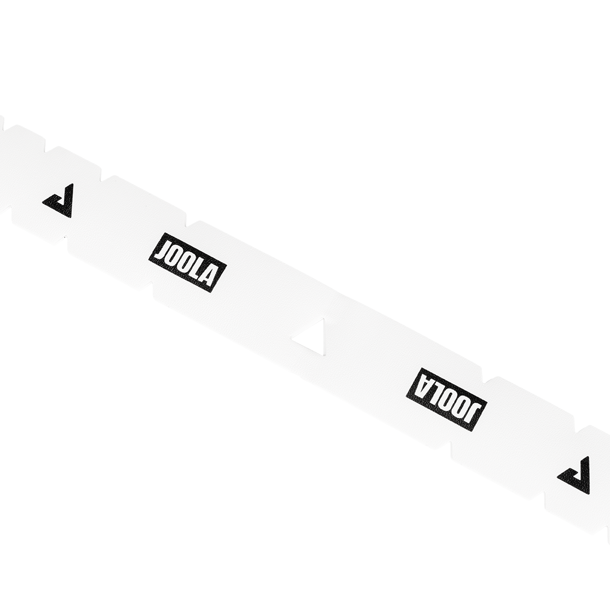 Image of a strip of JOOLA protective edge guard tape, white and black with JOOLA logo.