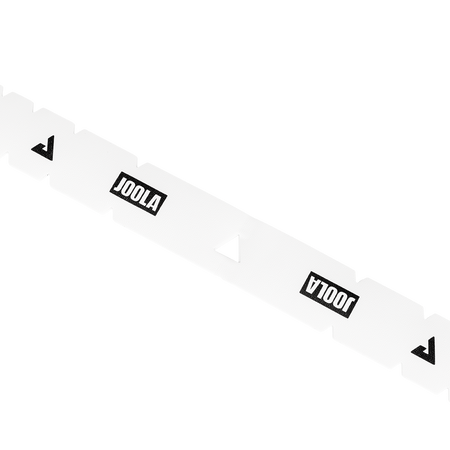 Image of a strip of JOOLA protective edge guard tape, white and black with JOOLA logo.