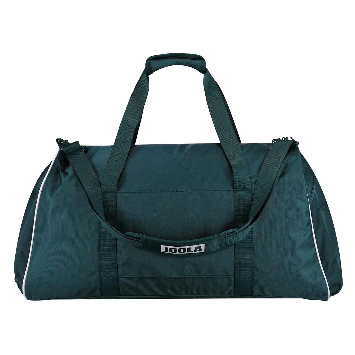 A dark teal green JOOLA duffel bag with white piping and a personalized Ben Johns signature print on the front, shown on a solid white background.