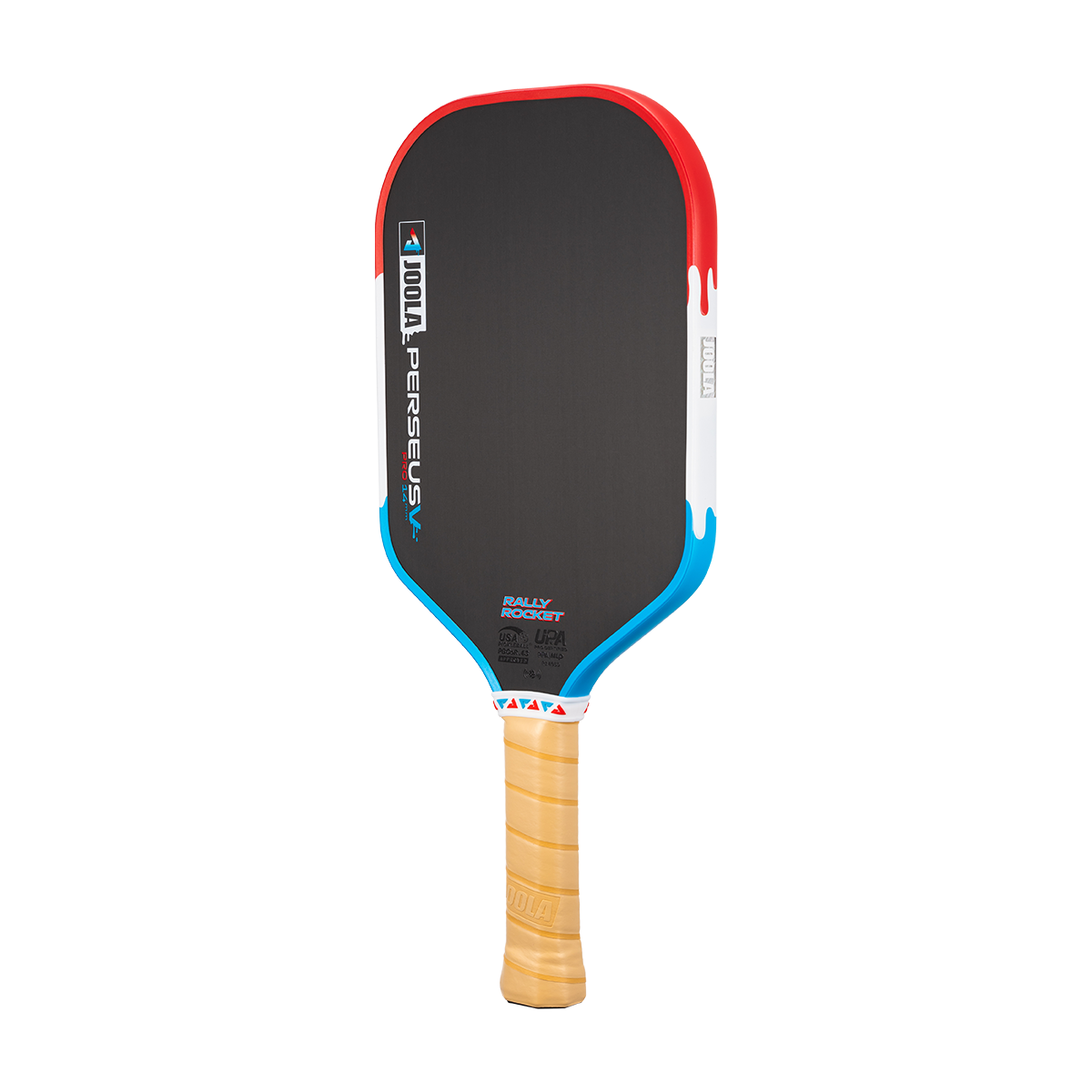 Product image of the Perseus Pro V Rally Rocket pickleball paddle, red, white and blue edge guard.