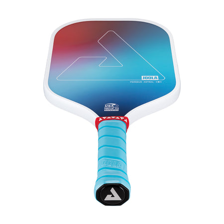 White background, product image of the JOOLA Persues Astral Pickleball paddle with light blue handle and white edge guard with a red, white and blue gradiant surface.