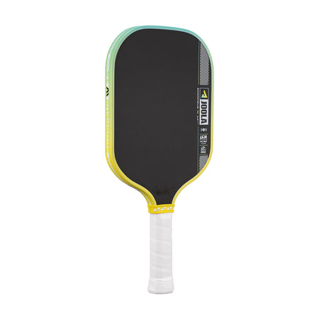 Pickleball paddle with black face, yellow sides, and white handle on a white background.