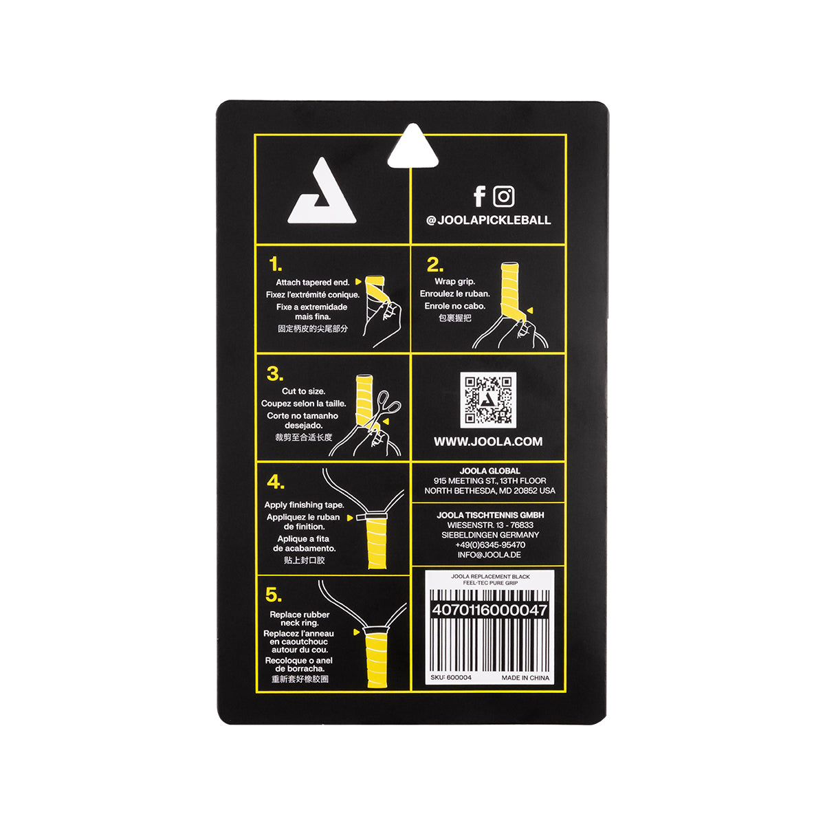 White background, image of the back of a package of JOOLA fel-tec replacement grip that highlights the application process.