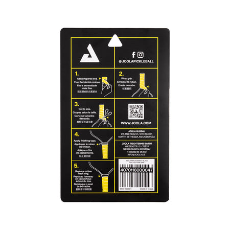 White background, image of the back of a package of JOOLA fel-tec replacement grip that highlights the application process.