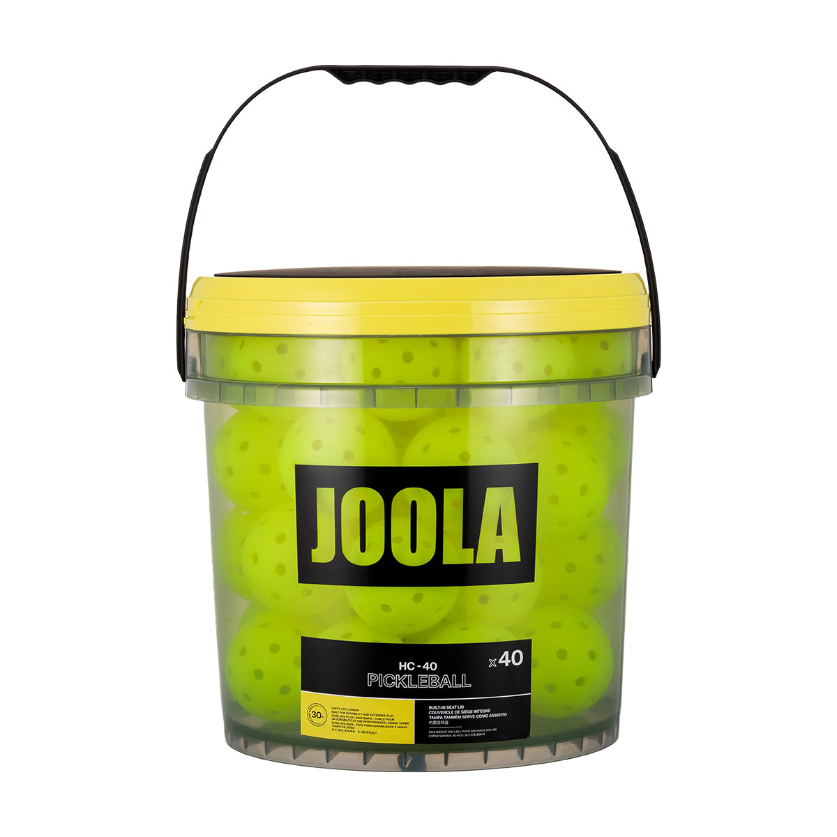 White background, product image of a bucket of JOOLA HC-40 pickleballs.