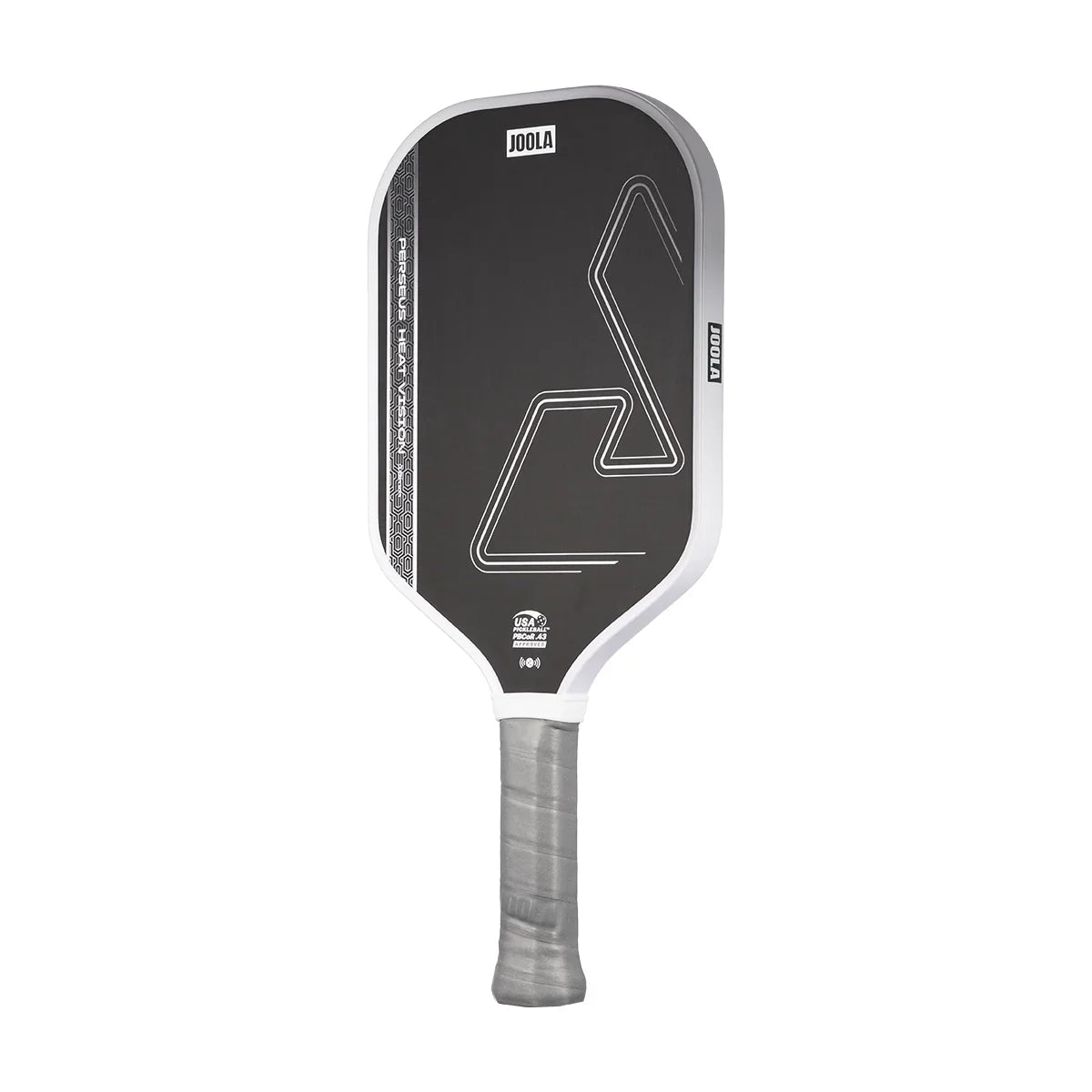 White background, white, gray and black JOOLA Perseus Heat Vision pickleball paddle with gray handle.