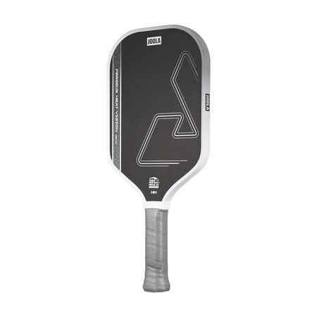 White background, white, gray and black JOOLA Perseus Heat Vision pickleball paddle with gray handle.