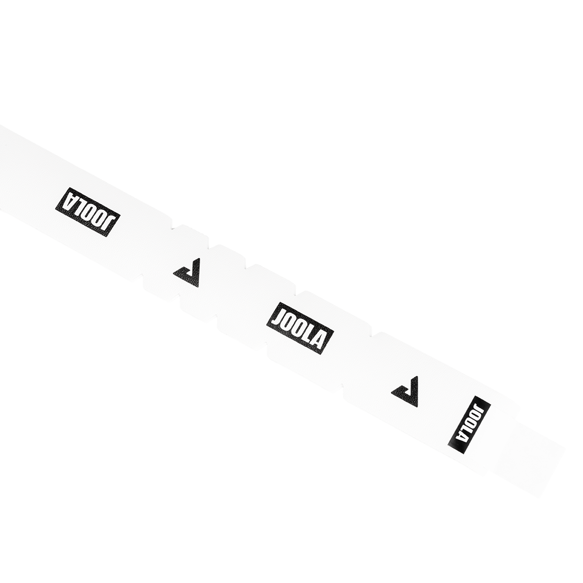 Image of a strip of JOOLA protective edge guard tape, white and black with JOOLA logo.