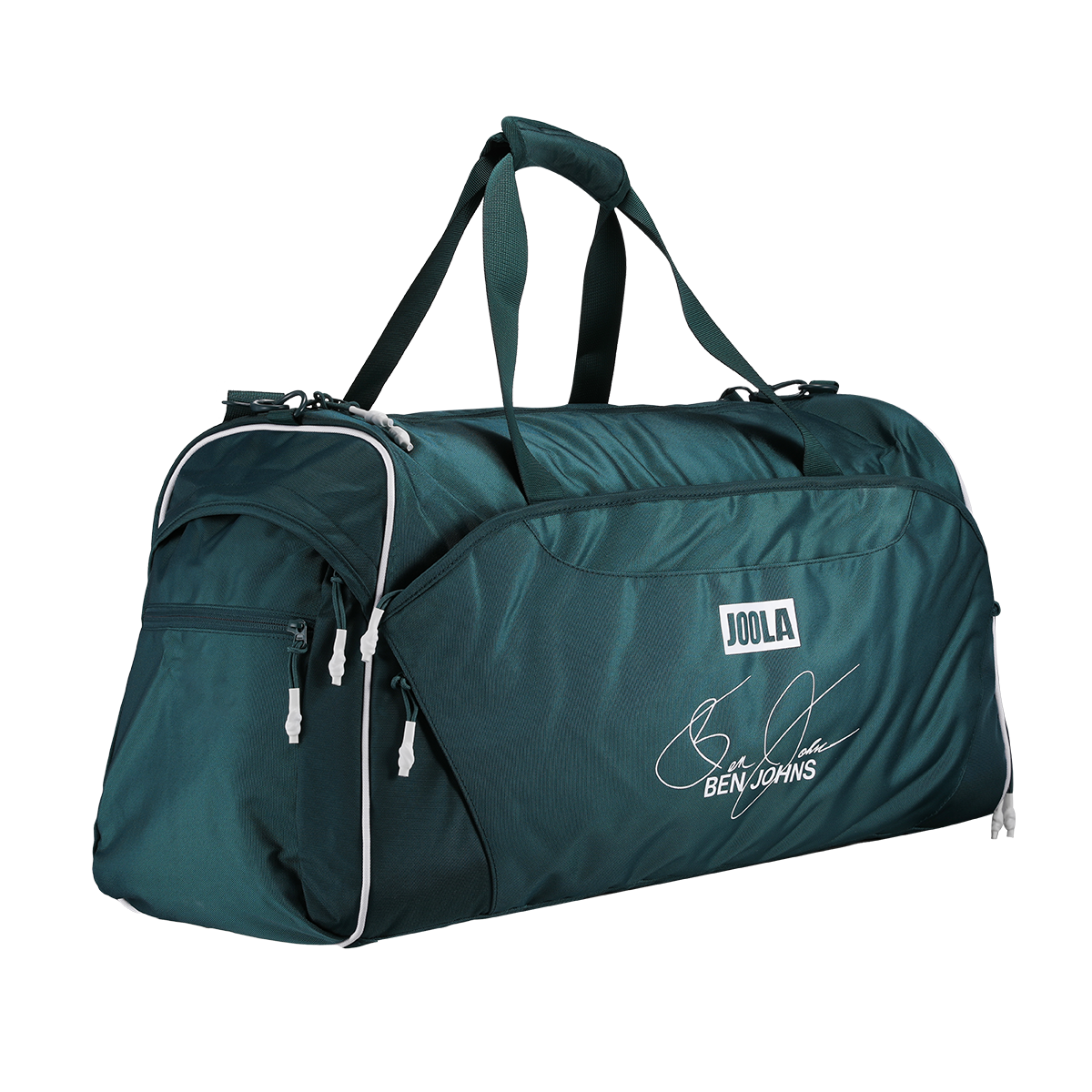A dark teal green JOOLA duffel bag with white piping and a personalized Ben Johns signature print on the front, shown on a solid white background.