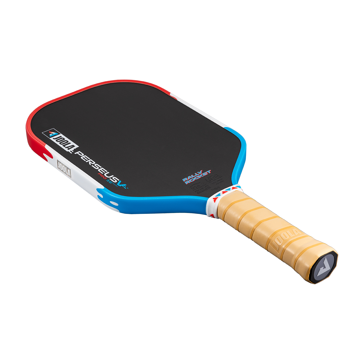 Image of the JOOLA Perseus Pro V Rally Rocket pickleball paddle, red, white and blue colorway.