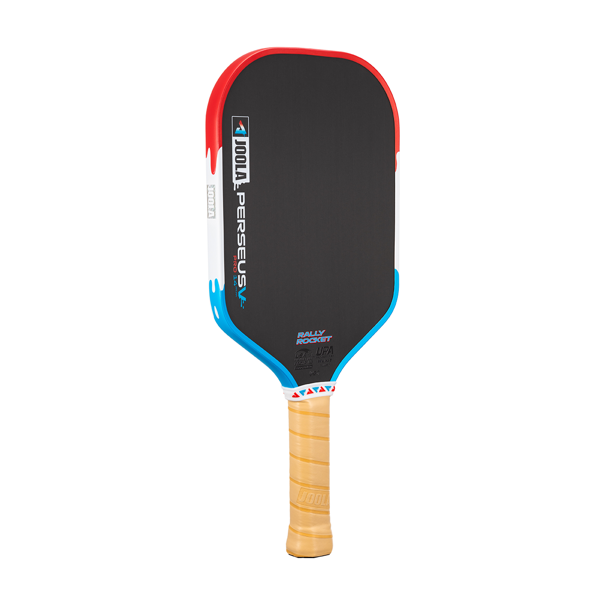 Product image of the Perseus Pro V Rally Rocket pickleball paddle, red, white and blue edge guard.