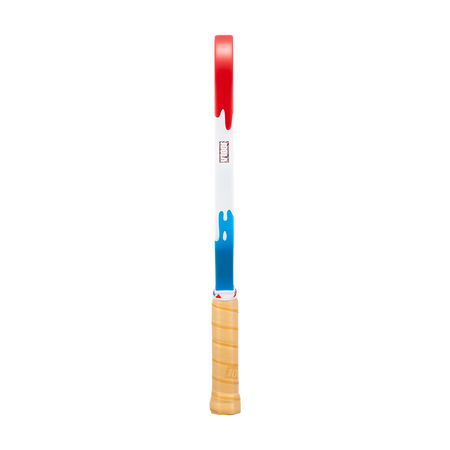 Side profile of the JOOLA Perseus Pro V Rally Rocket pickleball paddle, image shows the red, white and blue drip design on the side of the edge guard.