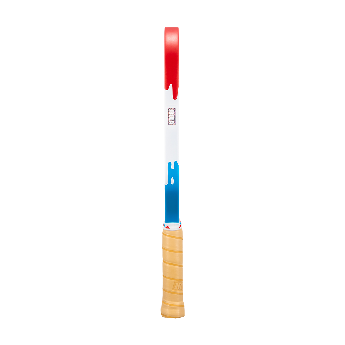 Red, white, and blue drip on the edge guard of a JOOLA Rally Rocket pickleball paddle.