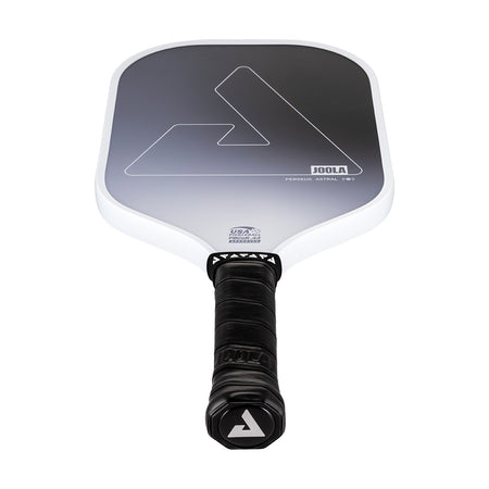 White background, product image showing the white edge guard of the JOOLA Perseus Astral pickleball paddle, with black handle.