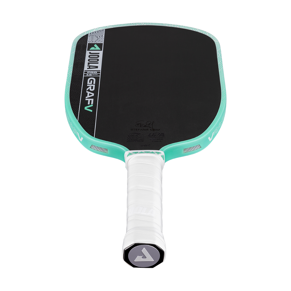 White background, product image of the Graf Pro V pickleball paddle, teal edge guard with a white handle.