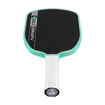White background, product image of the Graf Pro V pickleball paddle, teal edge guard with a white handle.