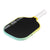 Pickleball paddle with black face and yellow rim on a white background.