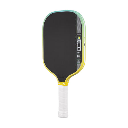 Pickleball paddle with black face, yellow sides, and white handle on a white background.