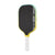 Pickleball paddle with black face, yellow sides, and white handle on a white background.