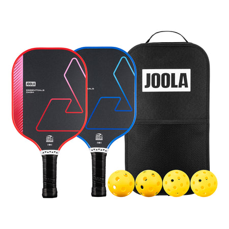 Two JOOLA Essentials Dash pickleball paddles, a black JOOLA carrying bag, and four JOOLA pickleballs on a white background.