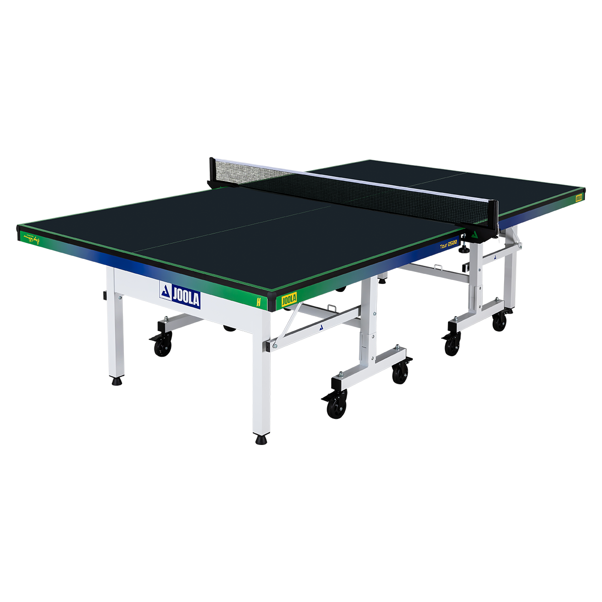 White background, product image of a JOOLA x Hugo Calderano table tennis table. Side of table has a blue-green gradient colorway.