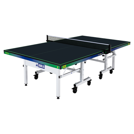White background, product image of a JOOLA x Hugo Calderano table tennis table. Side of table has a blue-green gradient colorway.