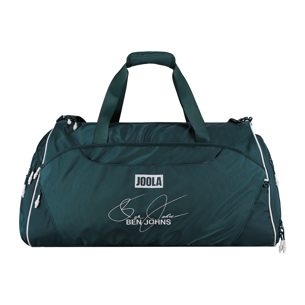 A dark teal green JOOLA duffel bag with white piping and a personalized Ben Johns signature print on the front, shown on a solid white background.