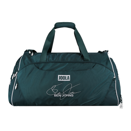 A dark teal green JOOLA duffel bag with white piping and a personalized Ben Johns signature print on the front, shown on a solid white background.