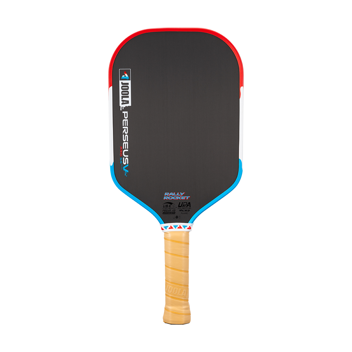 Image of a JOOLA Rally Rocket Perseus Pro V Pickleball paddle with a red, white and blue drippy colorway with a brown handle.