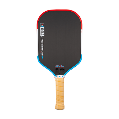 Image of a JOOLA Rally Rocket Perseus Pro V Pickleball paddle with a red, white and blue drippy colorway with a brown handle.