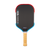 Image of a JOOLA Rally Rocket Perseus Pro V Pickleball paddle with a red, white and blue drippy colorway with a brown handle.